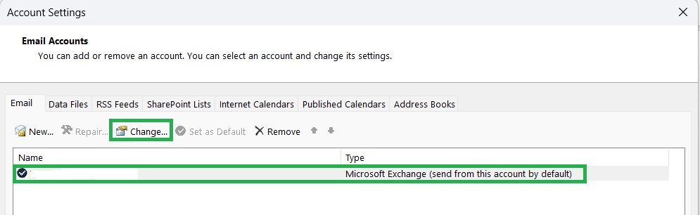 Click&nbsp;Microsoft Exchange and then click&nbsp;Change