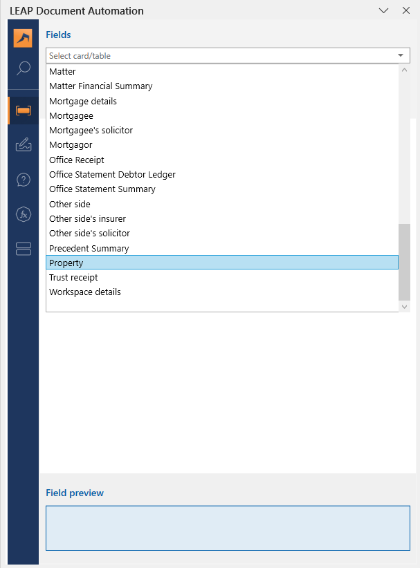 Select the Property table in the drop-down menu in Word